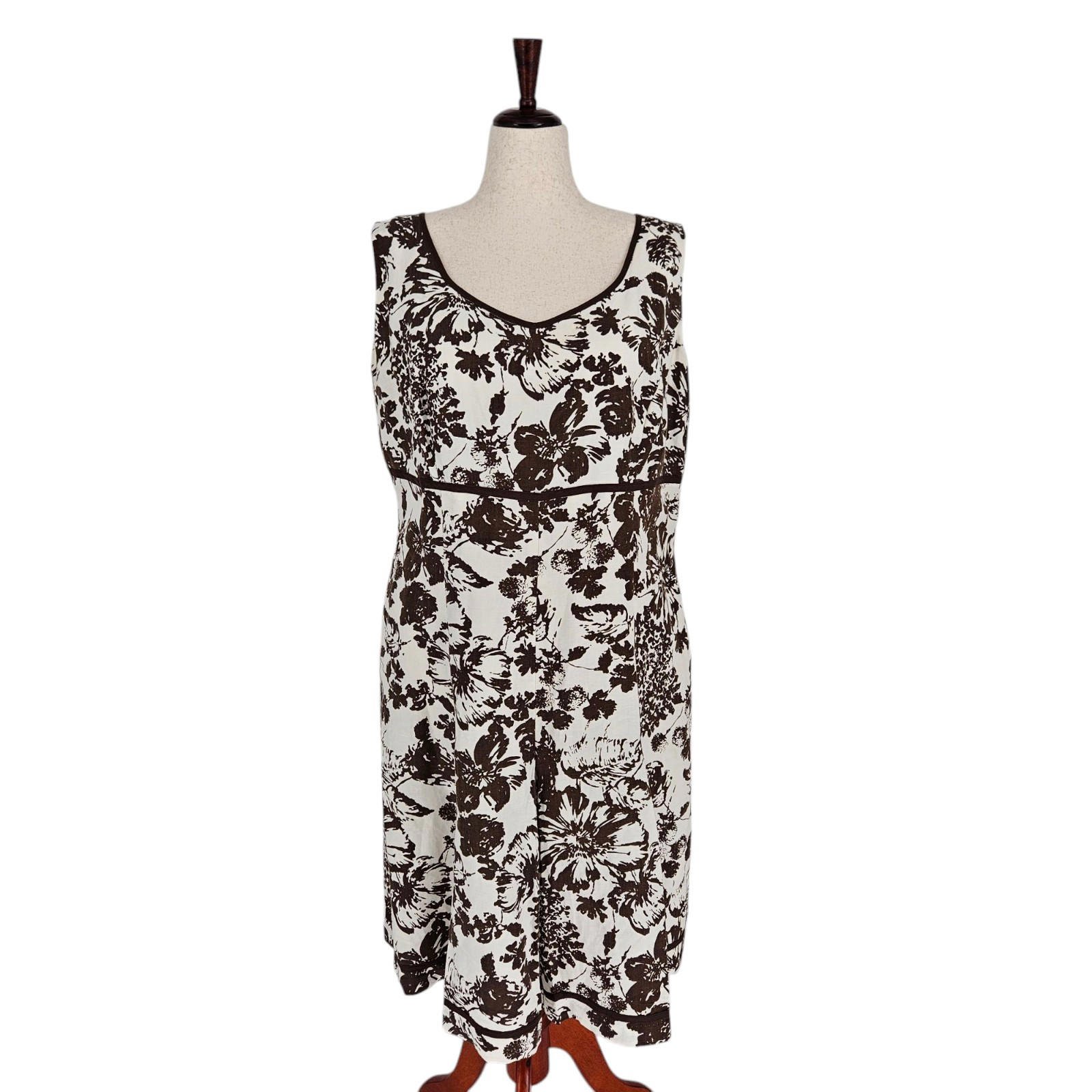 Kenar Dress Womens 18W Ivory & Brown Floral Linen Blend Sleeveless Dressy