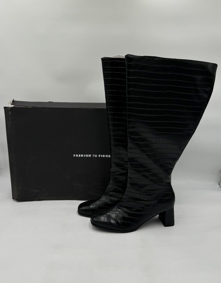 Fashion to Figure Milan Women Extra Wide Calf Knee-High Boots Croc Black Sz 11 W