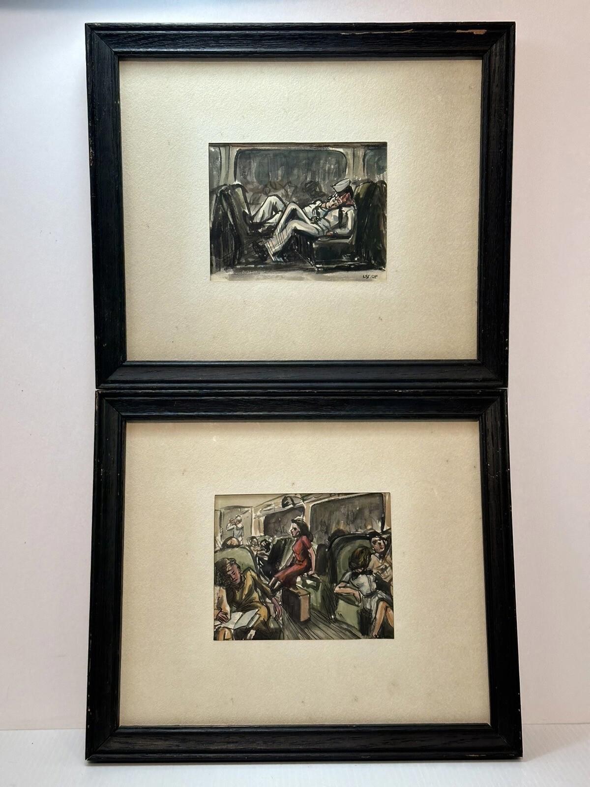 2-Vtg WW II Era 1944 USNR Navy Signed Paintings Gay Sailors Women Train Scene
