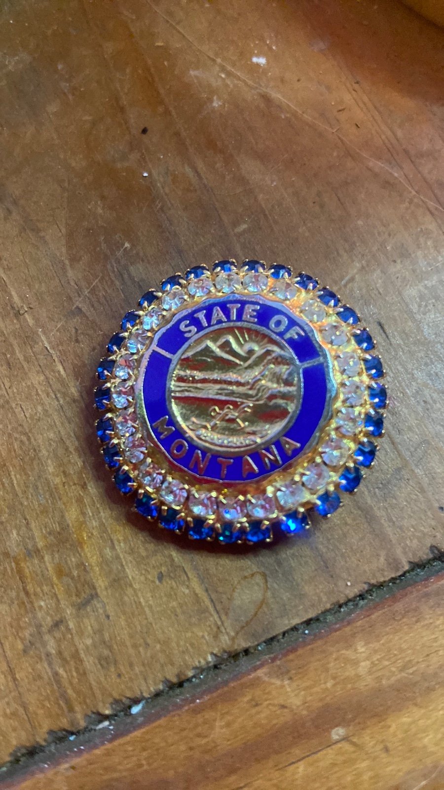 Antique State Issued Gold Plated Montana Pin with blue and clear gemstone