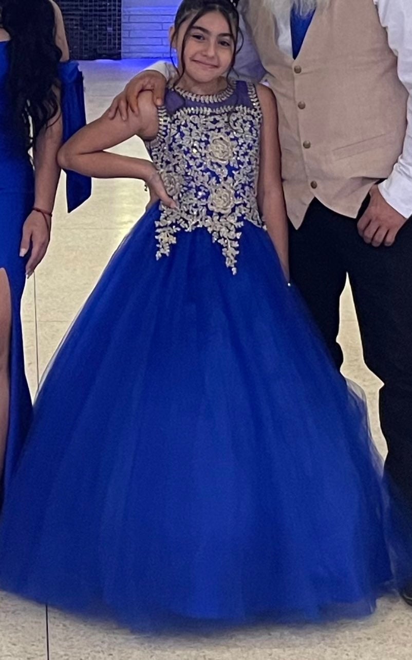 Royal blue and gold girls formal dress