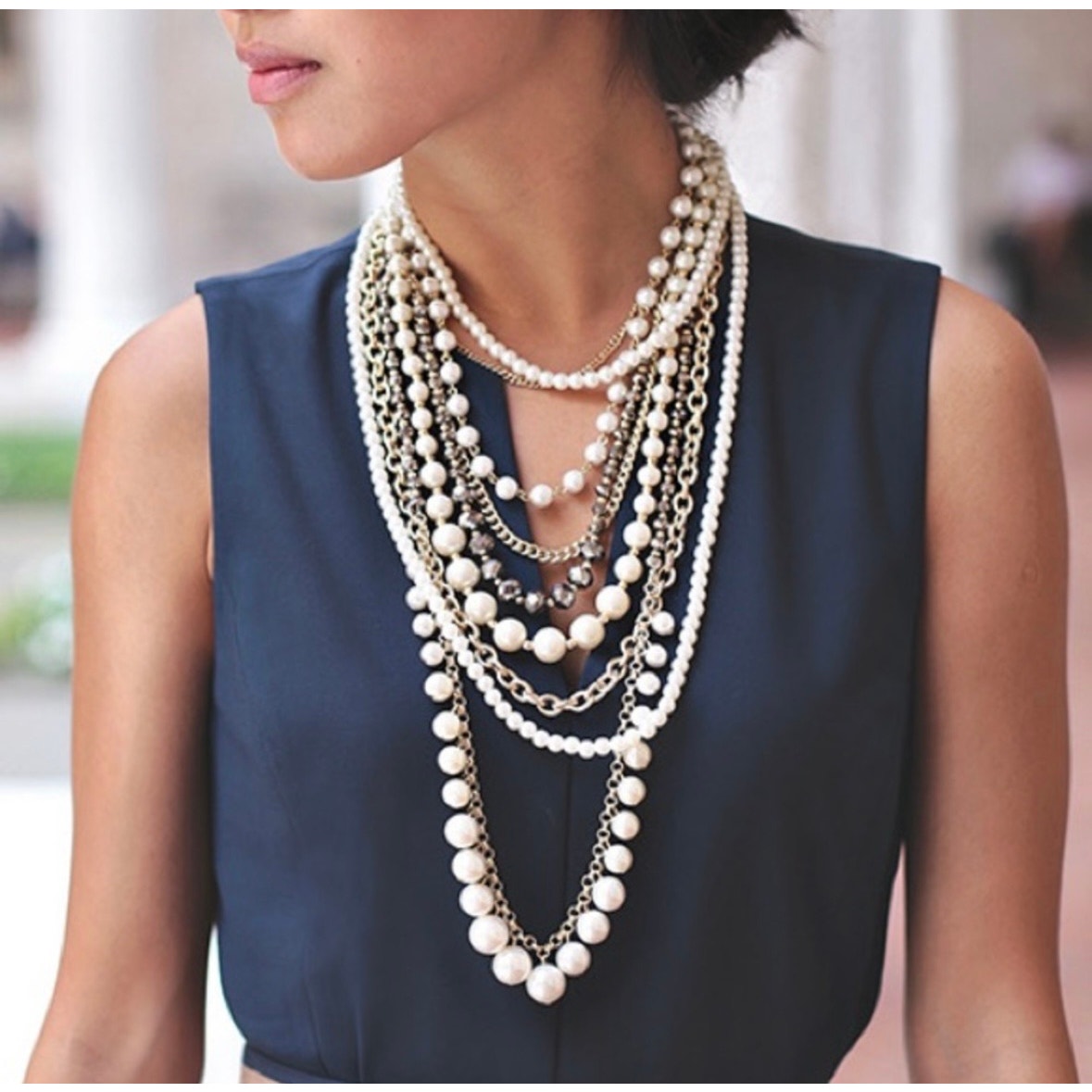 Ann Taylor Faux Pearl Multi 7 strand Necklace Costume Jewelry Preppy Statement