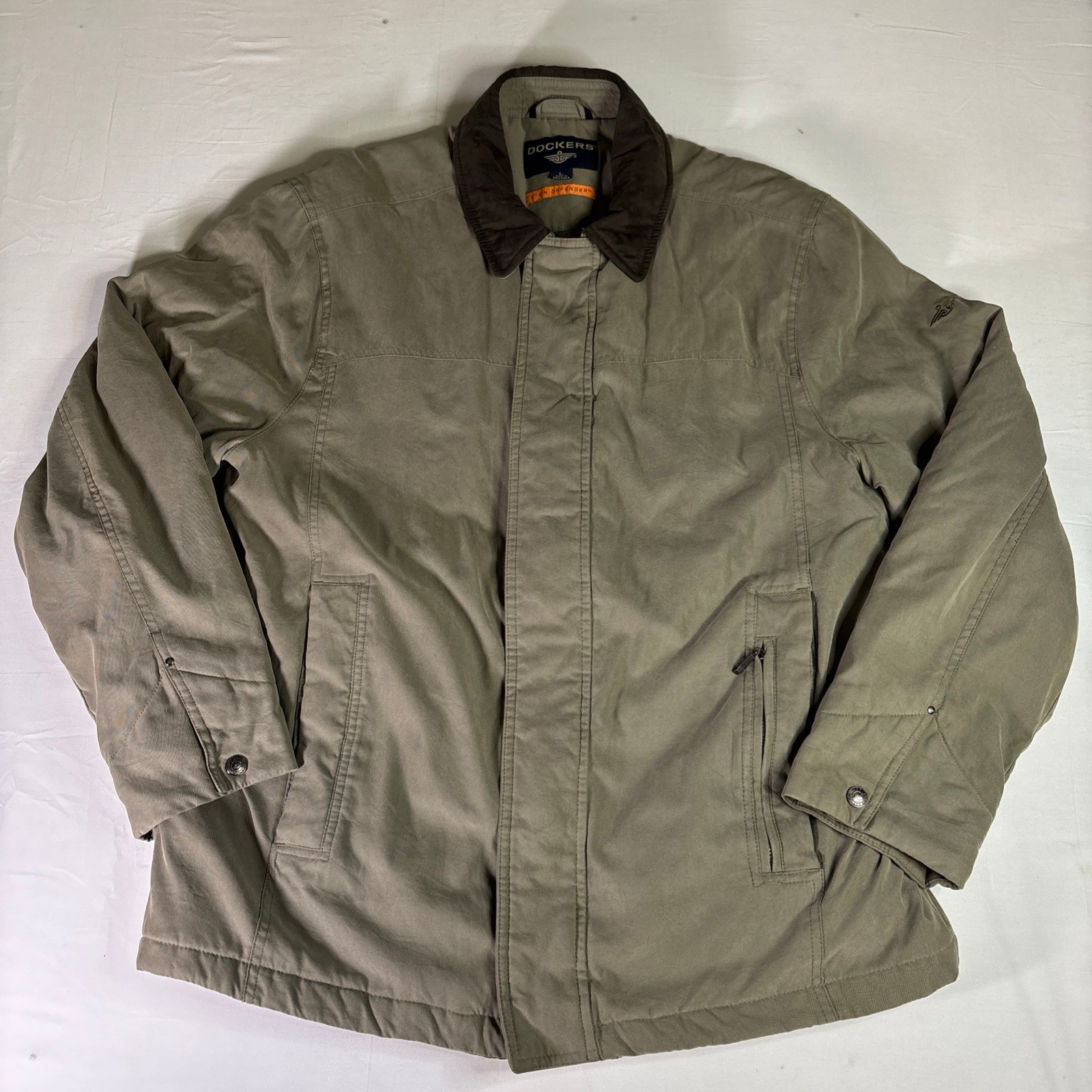 Dockers Stain Defender Men L Khaki Brown Leather Collar Bomber Lined Coat Jacket