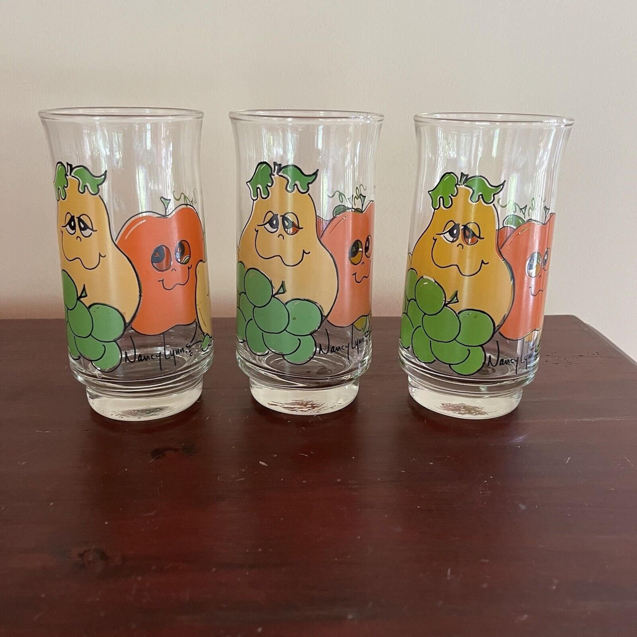 3 Vintage Anchor Hocking Nancy Lynn Smiling Fruit Anthropomorphi c 12oz Glasses