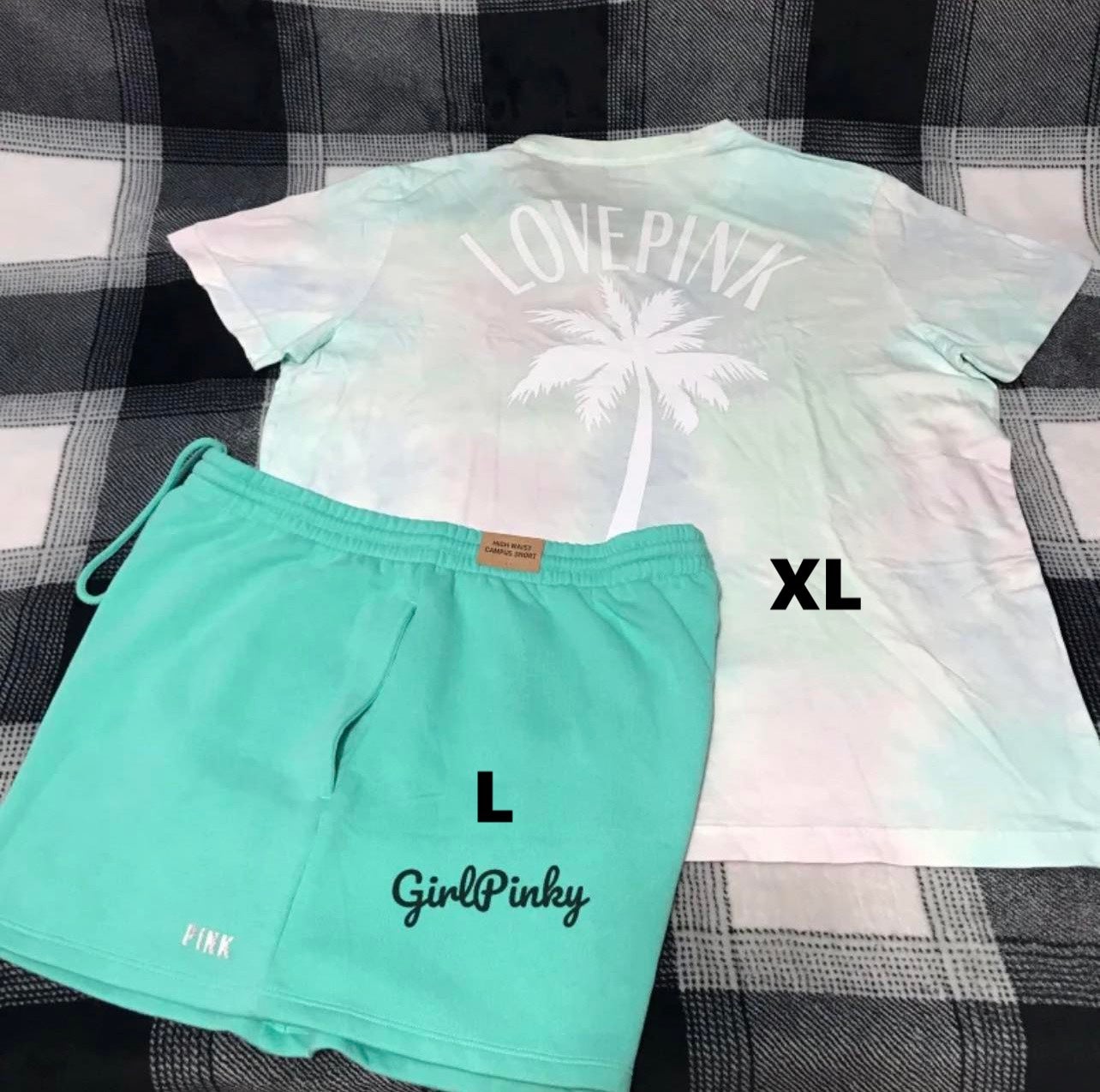 victoria secrets PINK shorts outfit with CAMPUS TIE DYE TEE