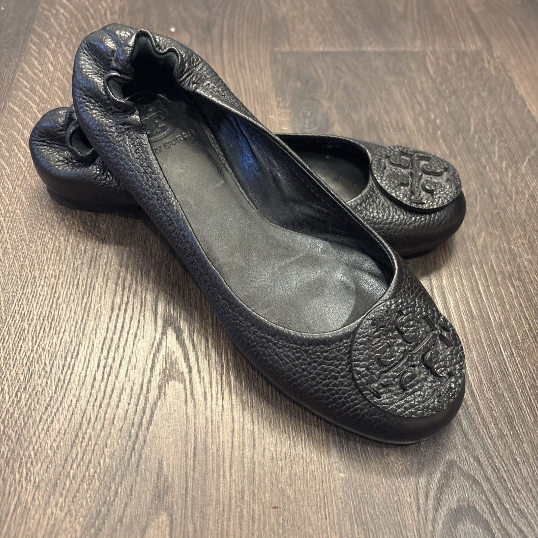 Tory Burch Shoes Size 7.5 M Minnie Travel Ballet Flats Pebble Leather Logo