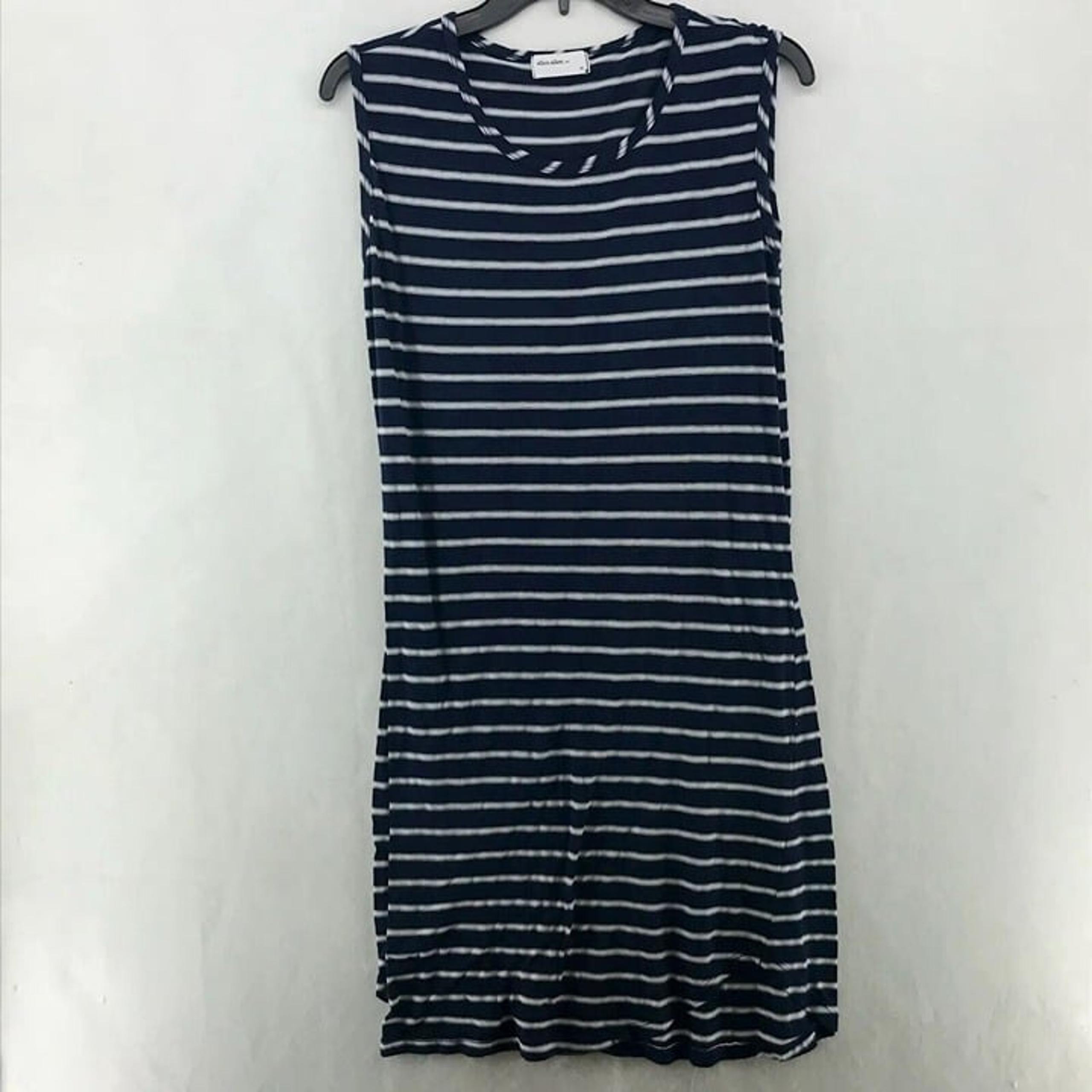 Allen Allen Shirt Dress Women's Sz M Blue White Striped Round Neck Muscle Sleeve