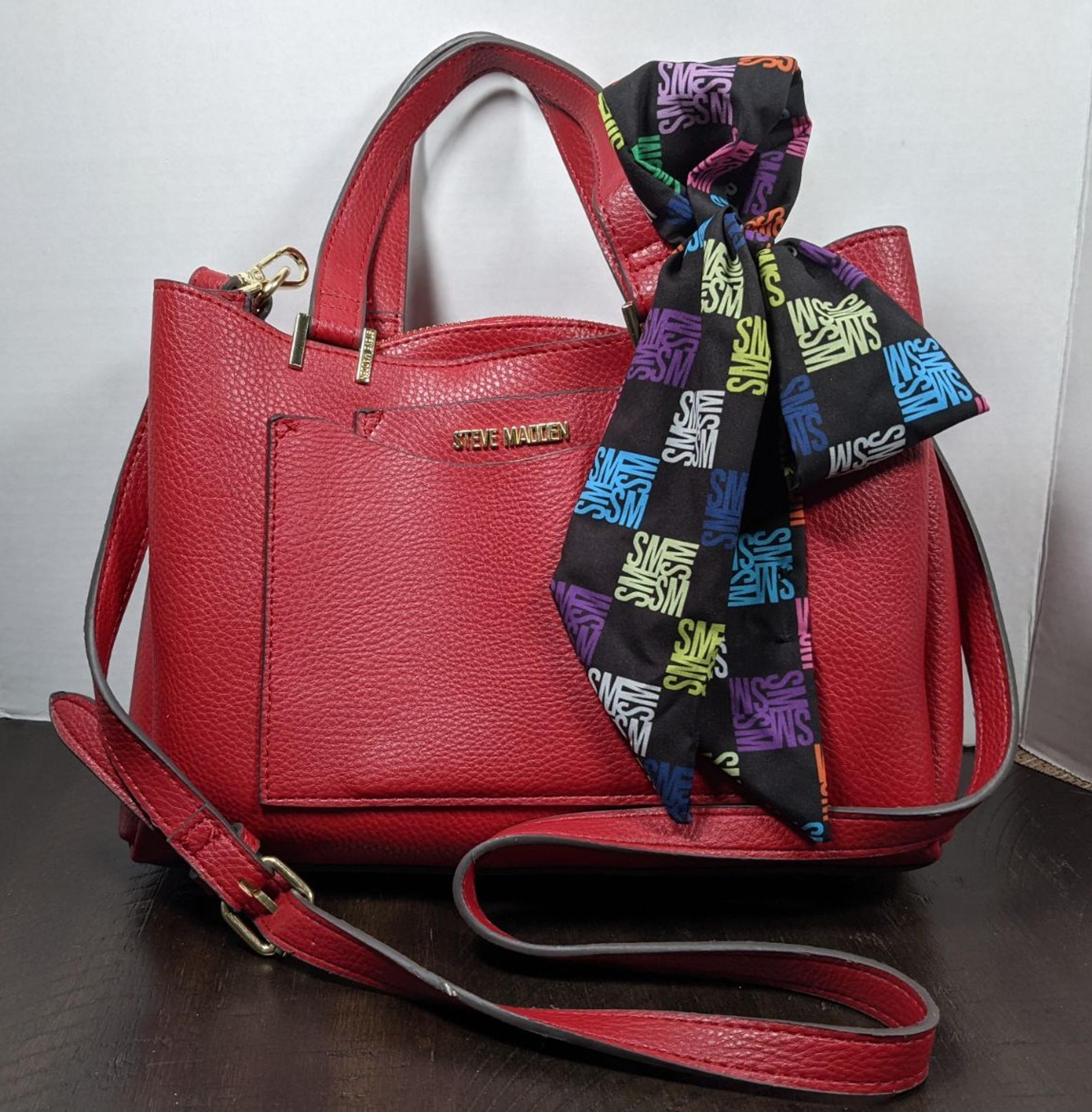 New Steve Madden BParker Red Tote Crossbody Handbag Logo Scarf Hair Neck Tie