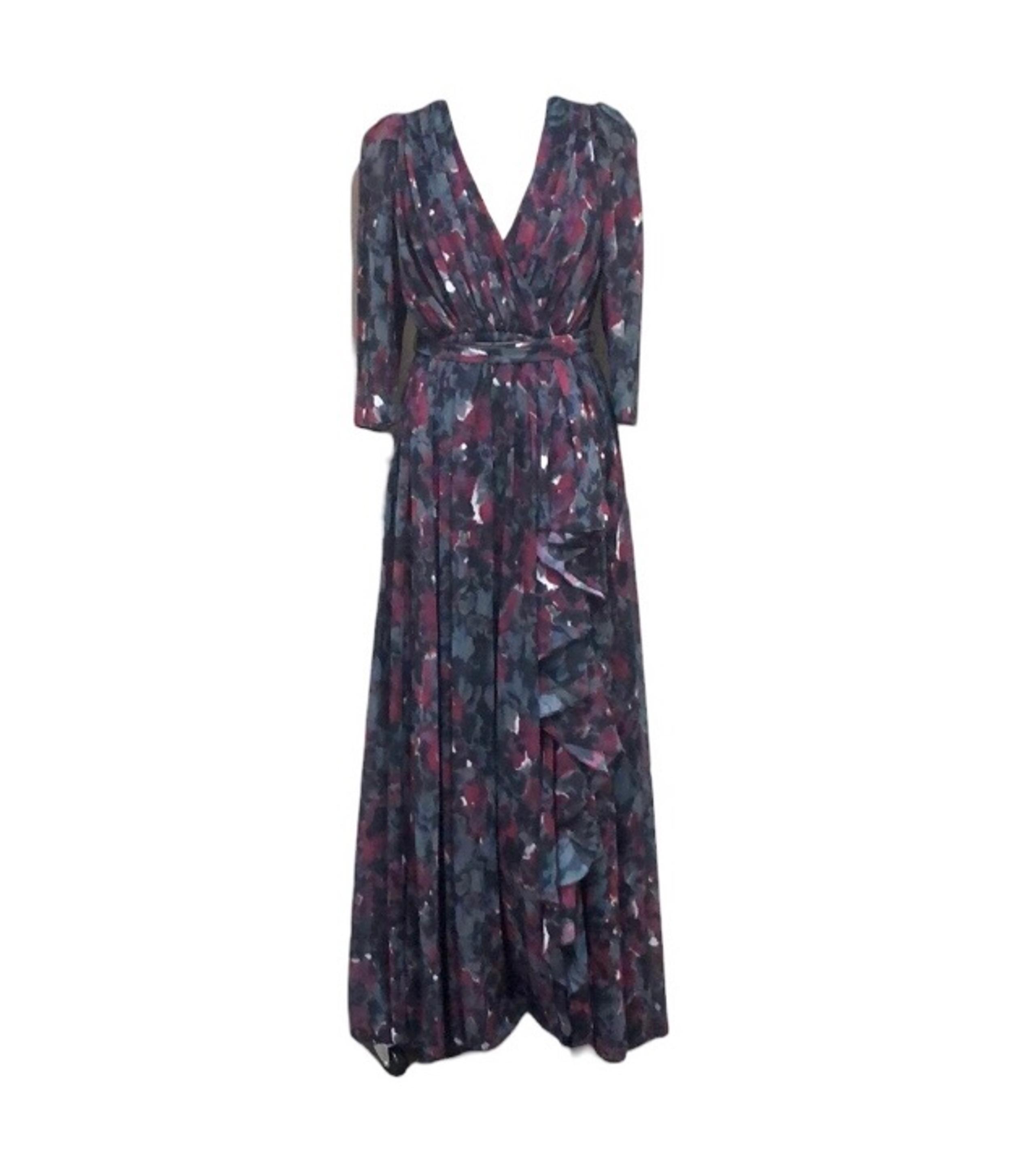 Badgley Mischka Pleated Floral Gown Size 12 Gray Black Burgundy