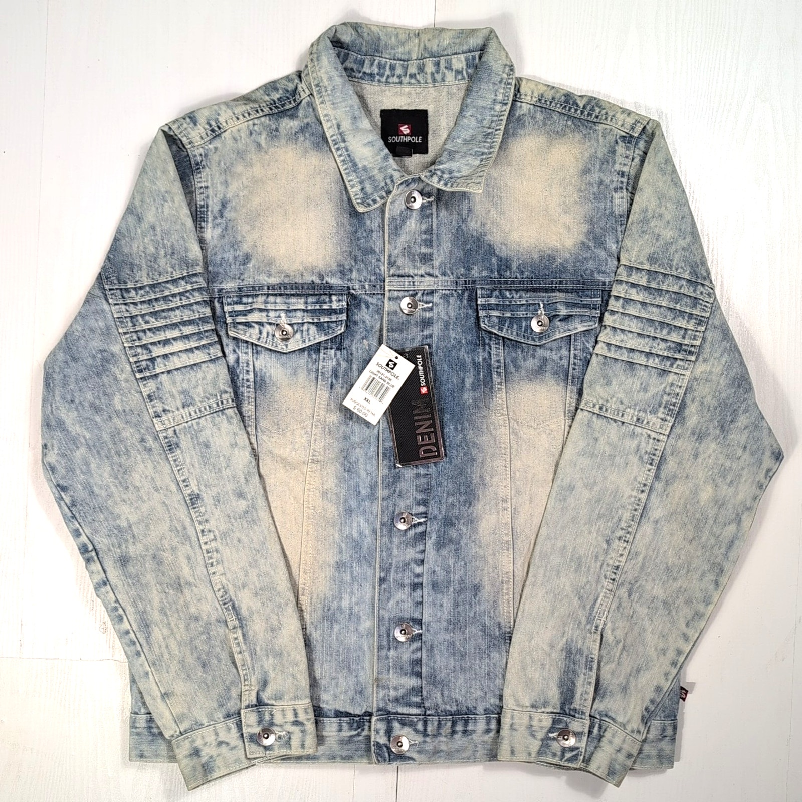 Southpole Distressed Denim Jacket Men’s XL Light Acid Wash Button Up Moto NWT
