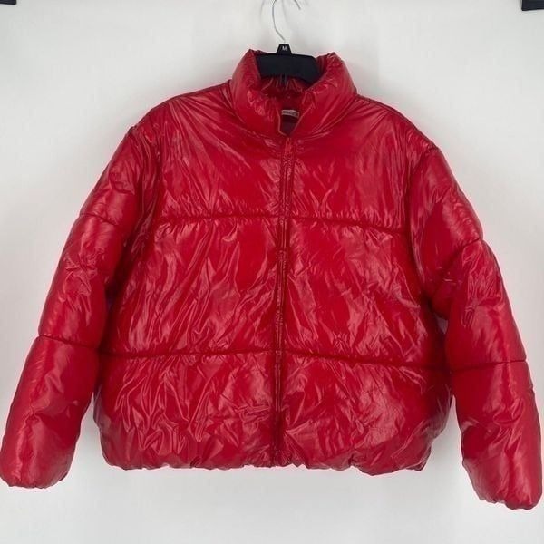 A New Day Women’s Red Puffer Shiny Rubber Water Resistant Jacket size XL