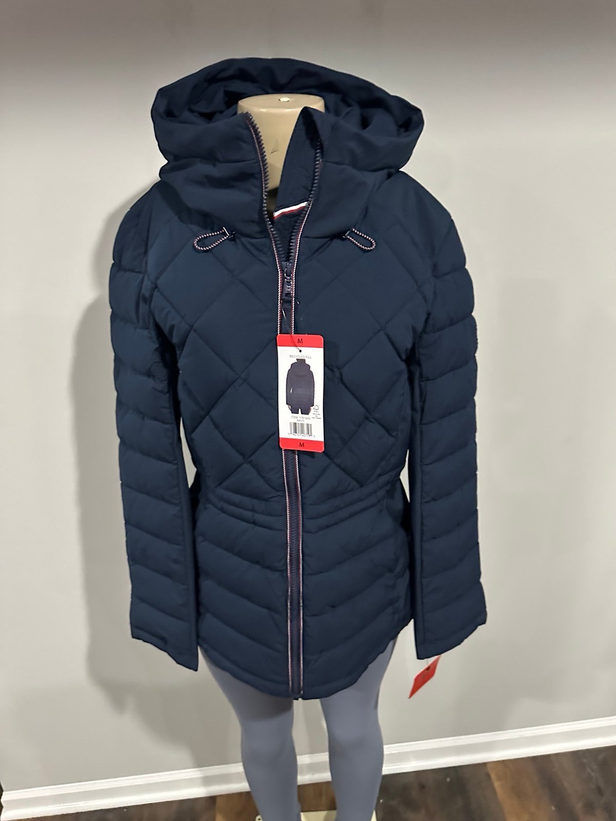Tommy Hilfiger Coat Size Medium Hooded Puffer New With Tags Blue Quilted Jacket