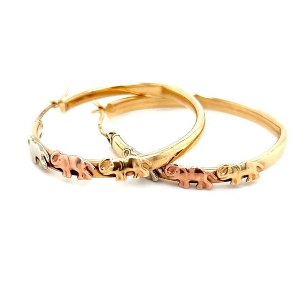Large 14K Gold Tricolor Elephant Hoops Earrings (Damaged)