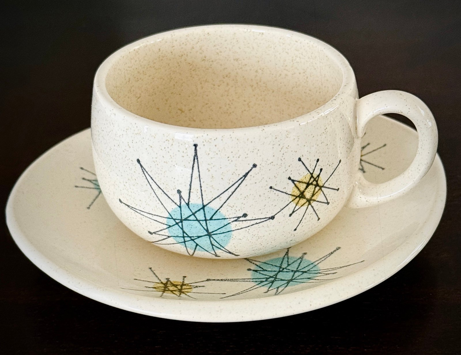 Vintage MCM Franciscan Atomic Starburst Coffee Tea Cup and Saucer 2-pc Set