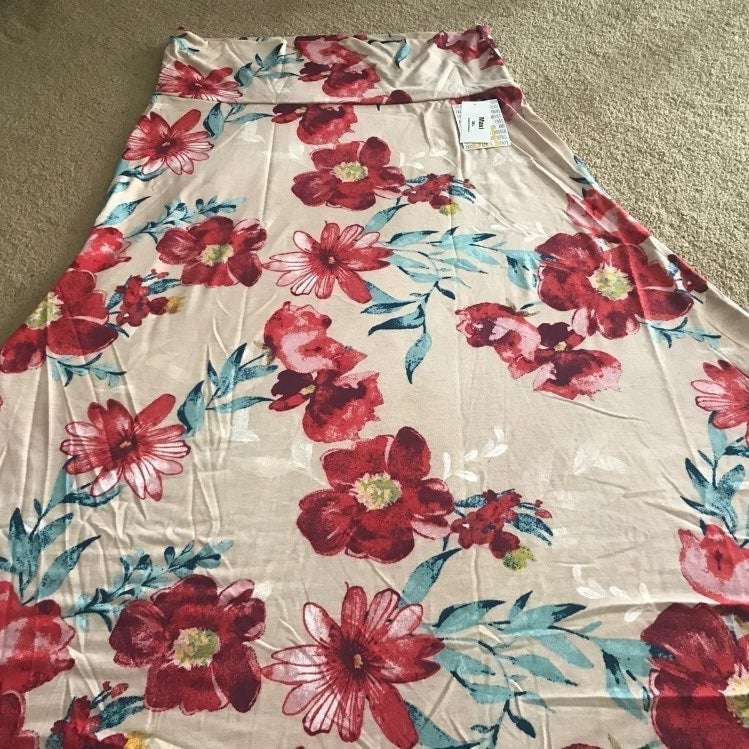 Tan Red Large Floral Maxi skirt Lularoe Magnolia Pansy Peony medium 10/12 8-10