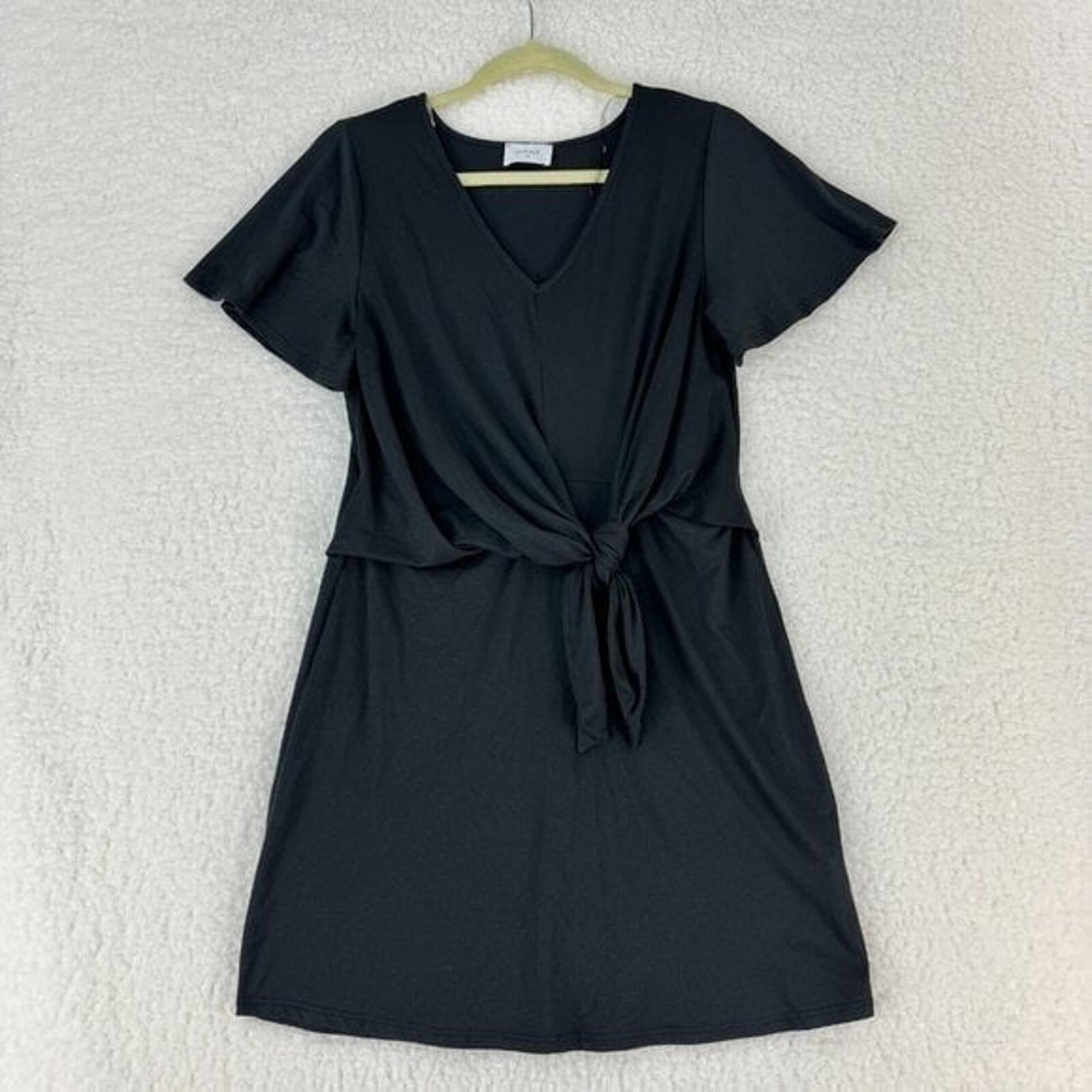 Everly Women's Solid Black Short Sleeve Front Tie Knot Stretch Dress Size Small