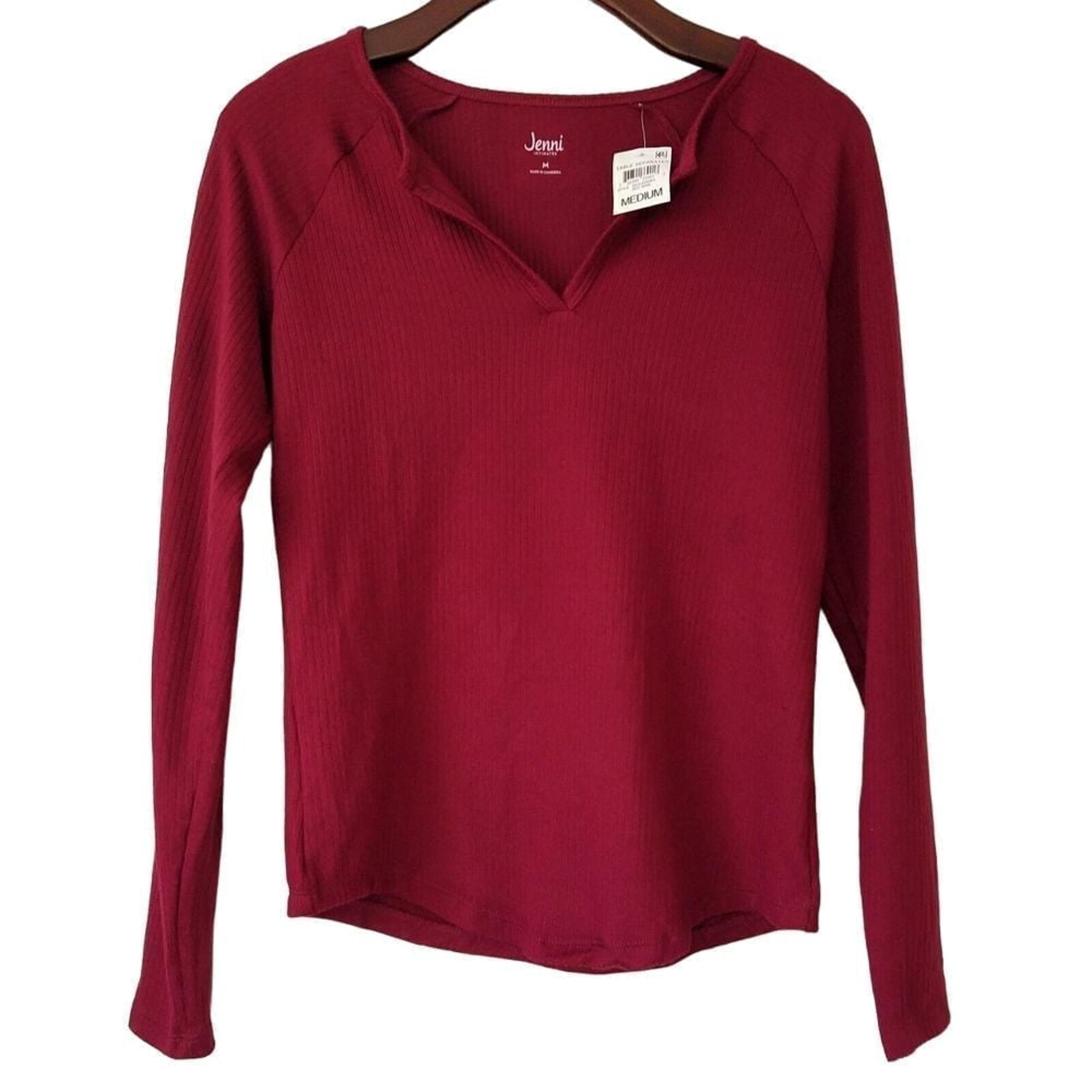Jenni Split Neck Long Sleeve Pajama Top Size Medium Red Wine NWT