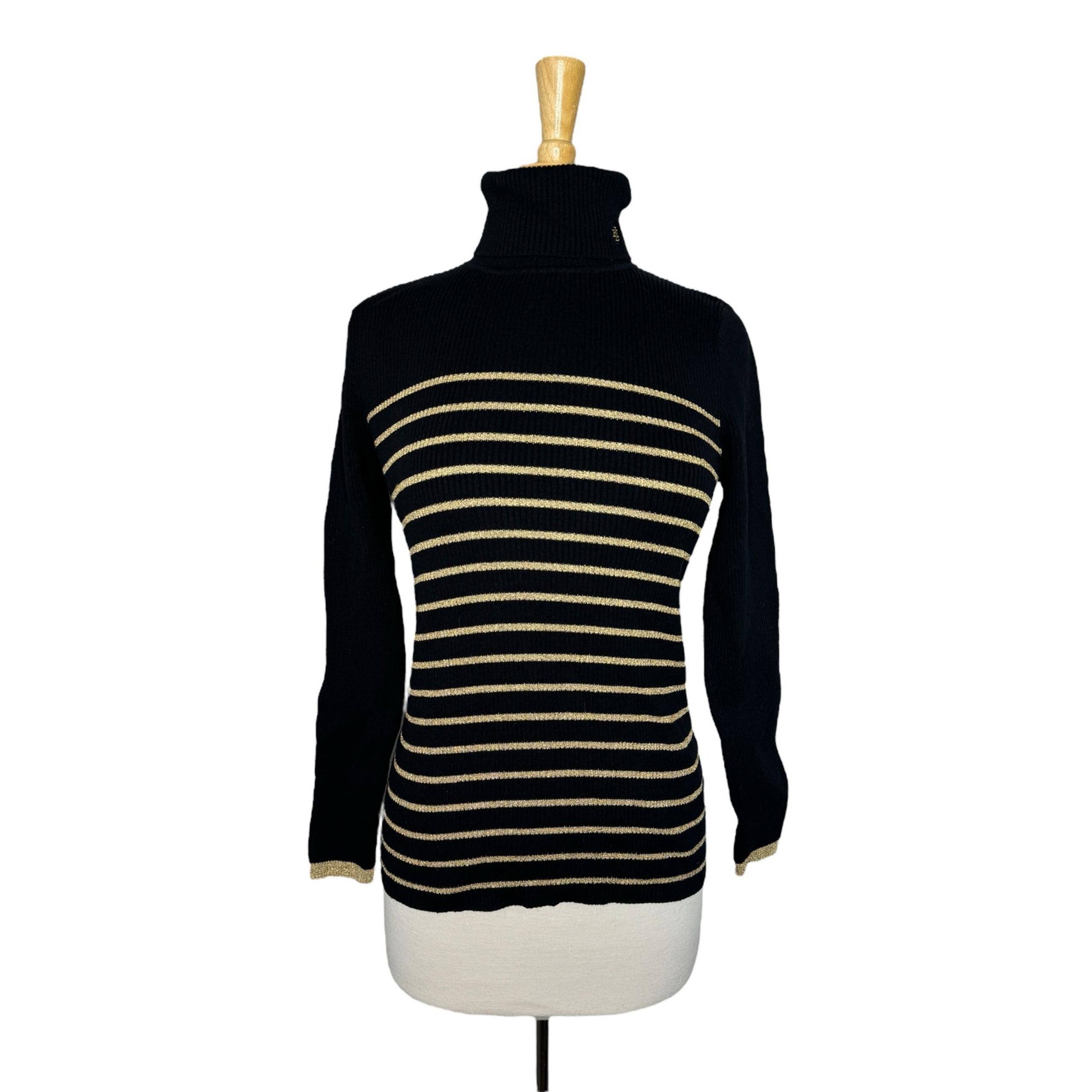 RALPH LAUREN LRL Black Gold Rib Knit Logo Turtleneck Top Size Medium Womens L/S