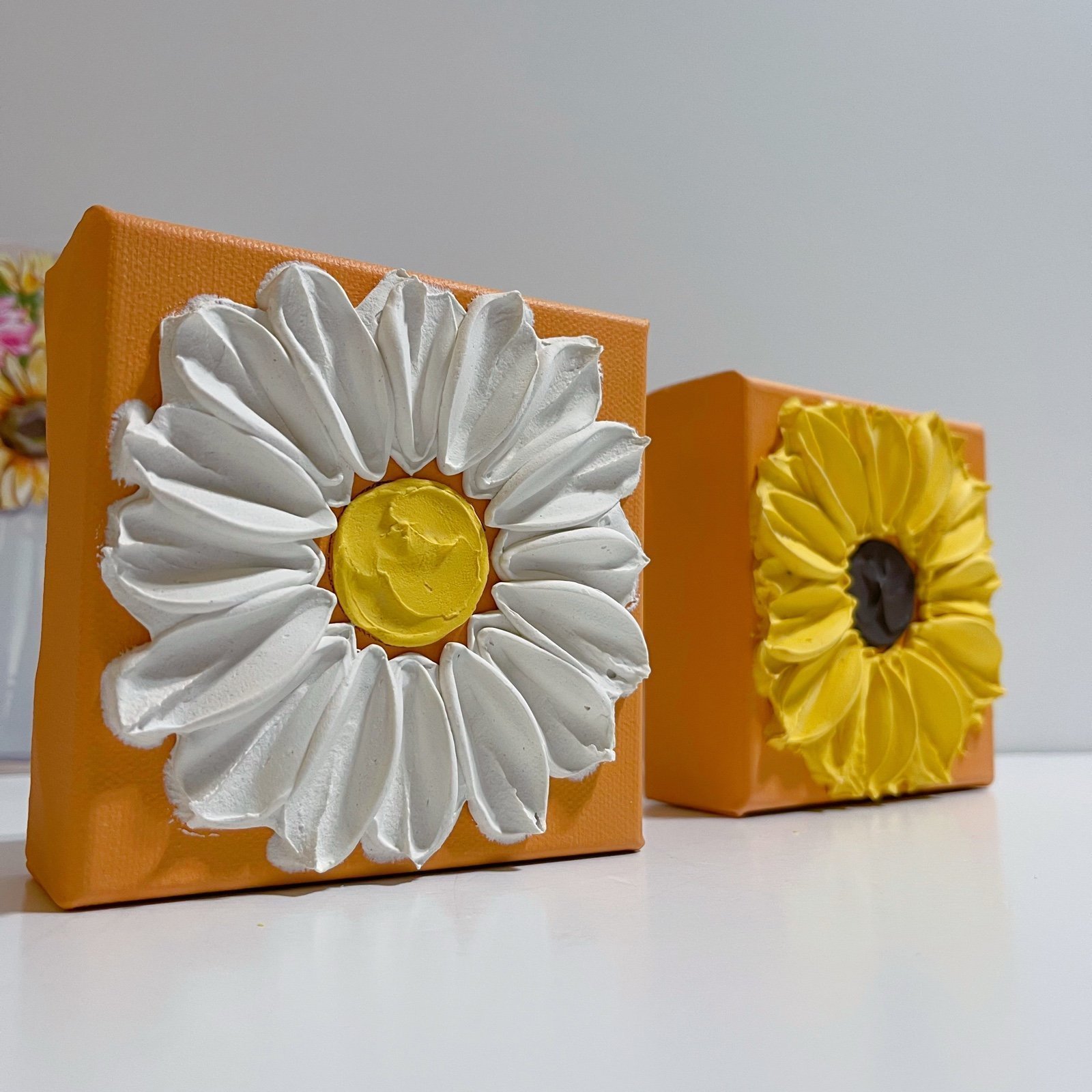 Set Of 2 3D Textured Sunflower & White Flower Art Painting On Mini Square Canvas