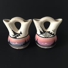 Vintage Signed Navajo DB Pottery Hand Painted & Etched Wedding Vase Set 5.5 in