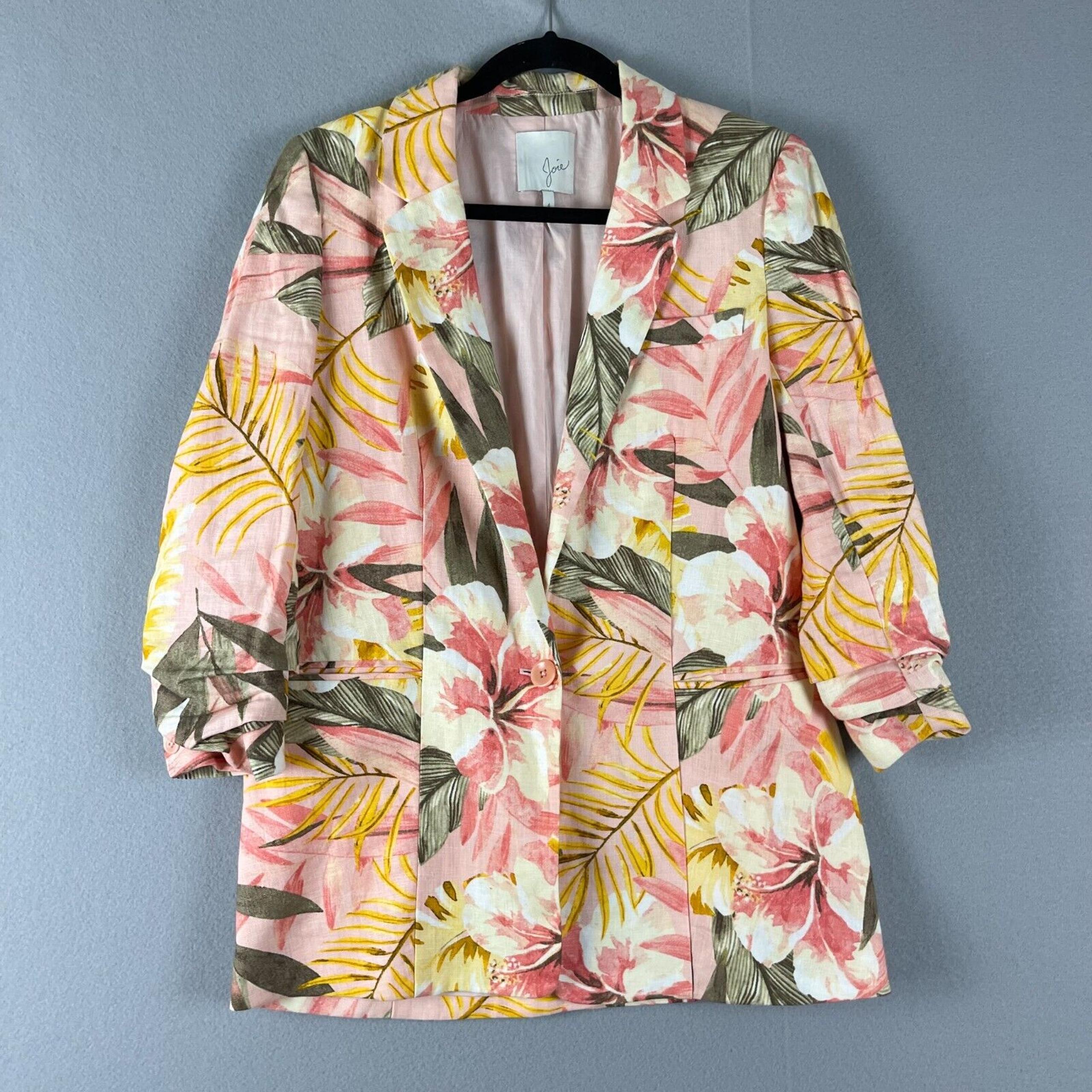 Joie Kishina Floral Linen Blazer Womens 4 Pink Tropical Gathered Sleeve Tropical