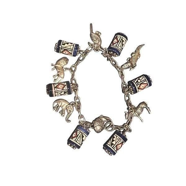 Vtg Hand Painted Beads & Silver Zoo Animal Dangle Charm Bracelet Women Jewelry