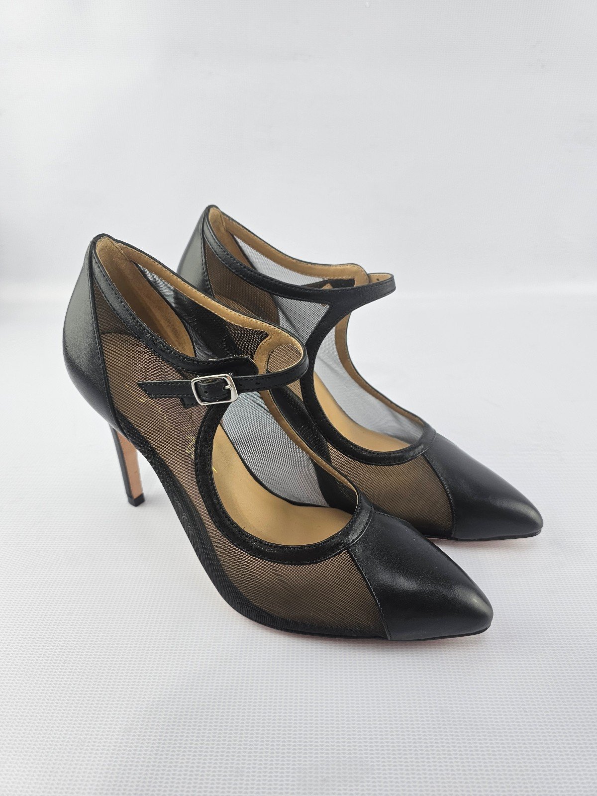Joan Oloff Rebecca Black Lux Nappa Black Mesh Heels 6.5