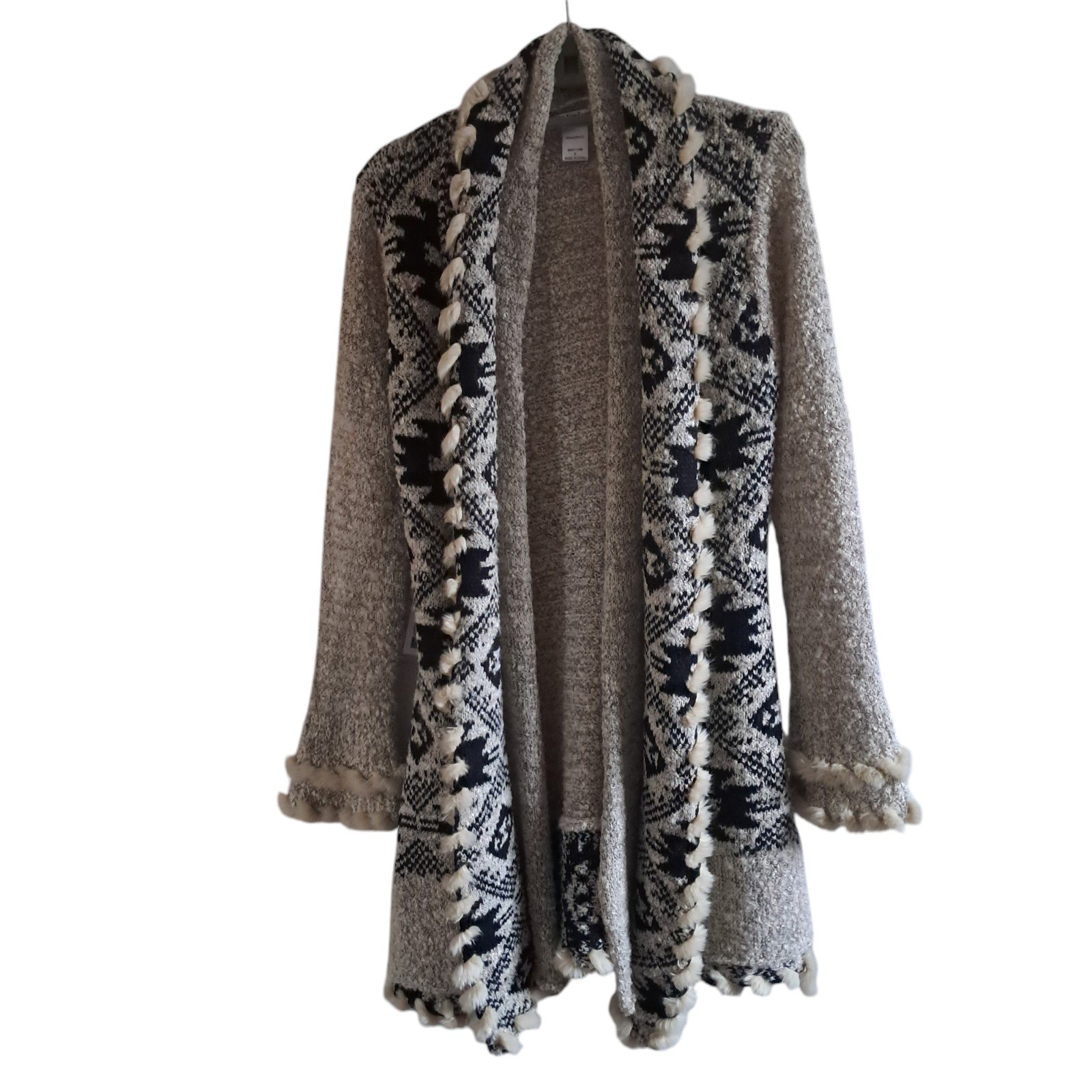K.Jordan open cardigan duster coat sweater tribal Aztec vibe Size S black/tan