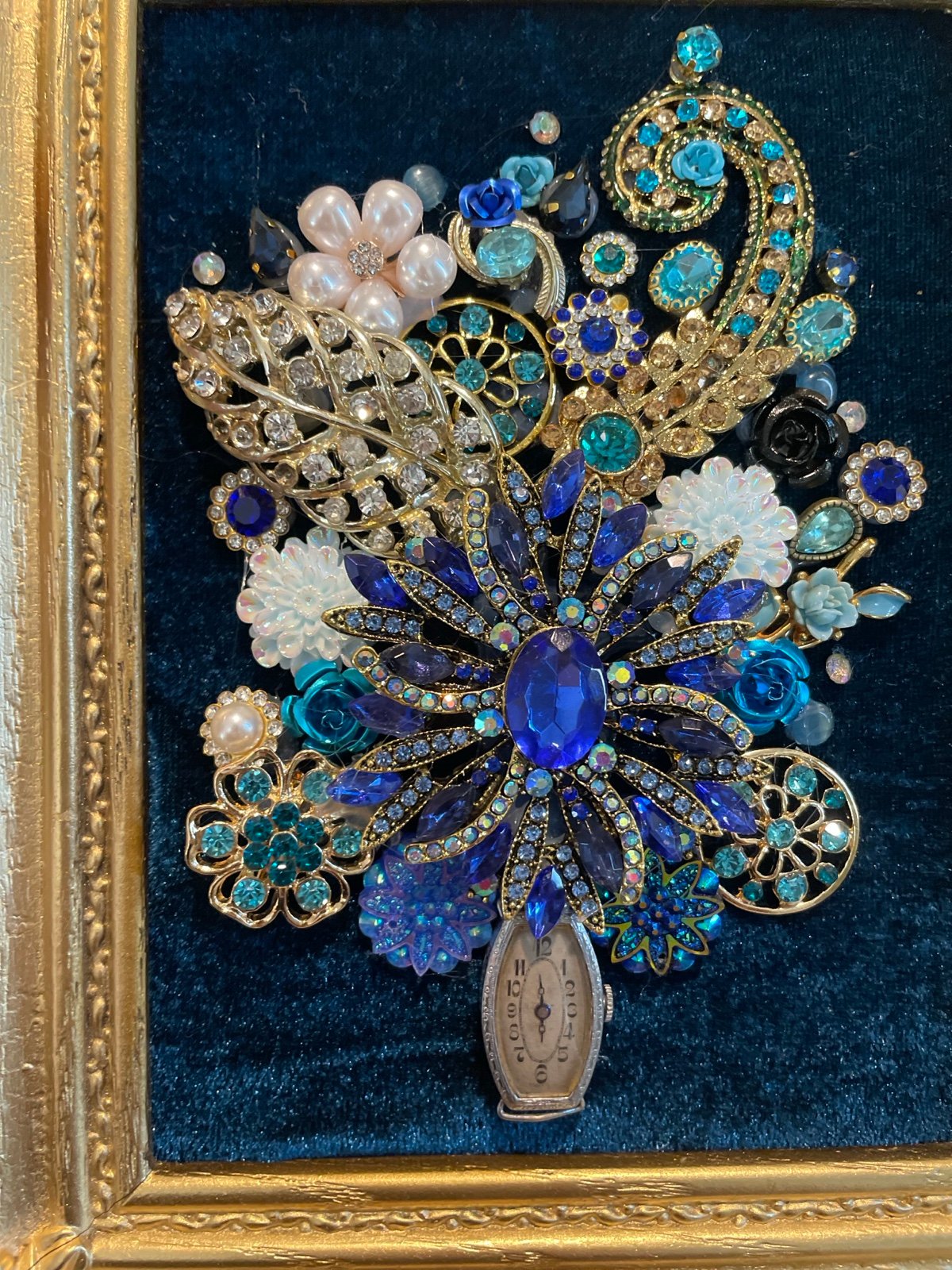 Vintage jewelry framed floral collage blue gold ornate frame 5x7 bouquet mcm