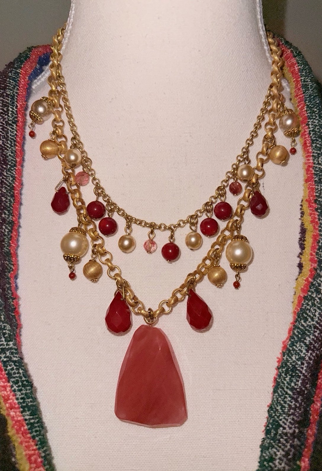 MIRIAM HASKELL Beaded Layers Necklace Red And White On Gold Tone Metal