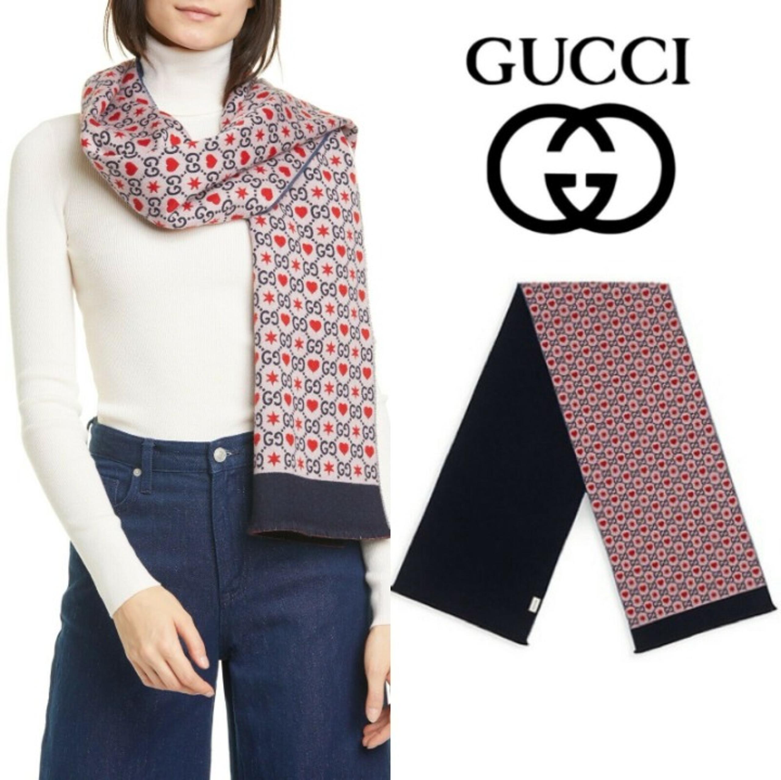 GUCCI Mherry GG HEARTS STARS Wool Scarf