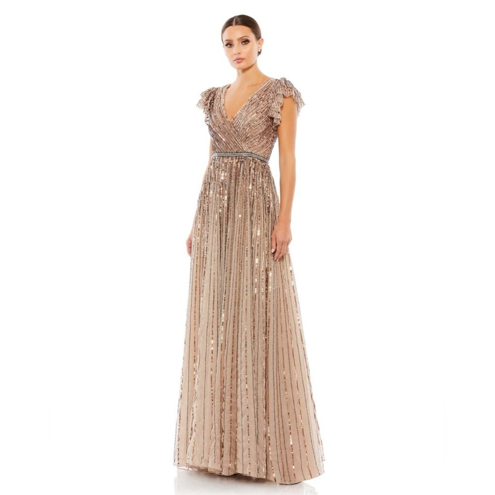 Size 16 Mac Duggal 5502 NWT SEQUINED WRAP OVER RUFFLED CAP SLEEVE GOWN