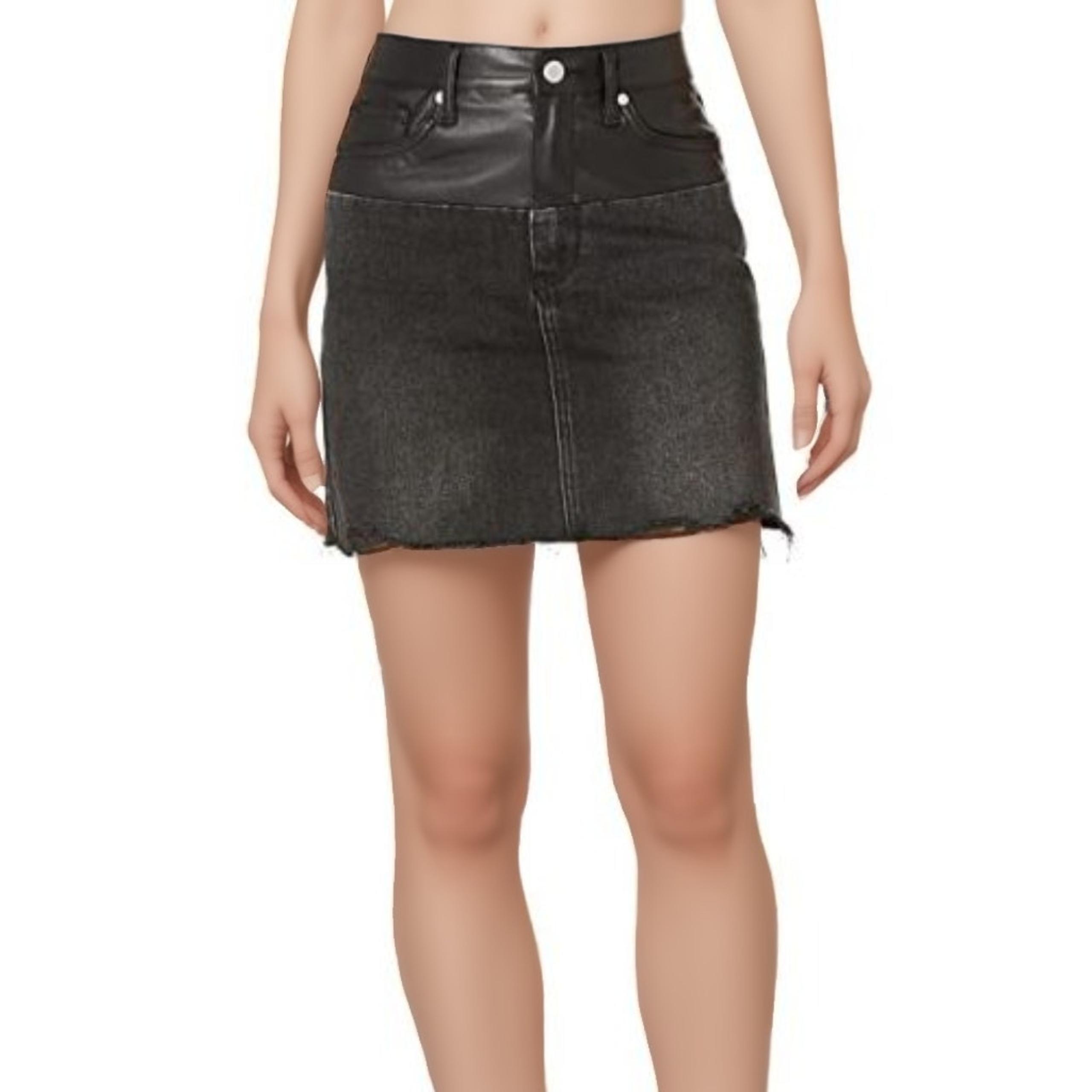 Blank NYC Vegan Leather & Denim Patchwork Mini Skirt in Black NWT Size 28