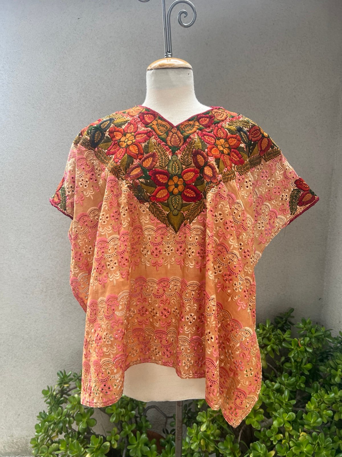 Vintage Guatemalan huipil top eyelet orange + floral embroidery OS