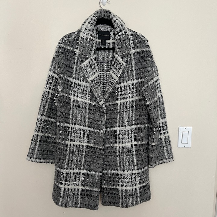 CHRISTIAN SIRIANO Grey Black & White Wool Blend Tweed Notch Lapel Coat Size M
