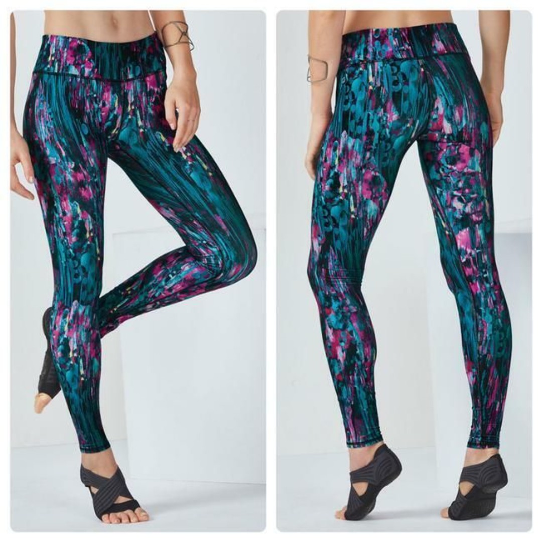 New Fabletics Womens Leggings XXS Raindrop PowerHold Yoga Run Aqua Blue Pink Yel