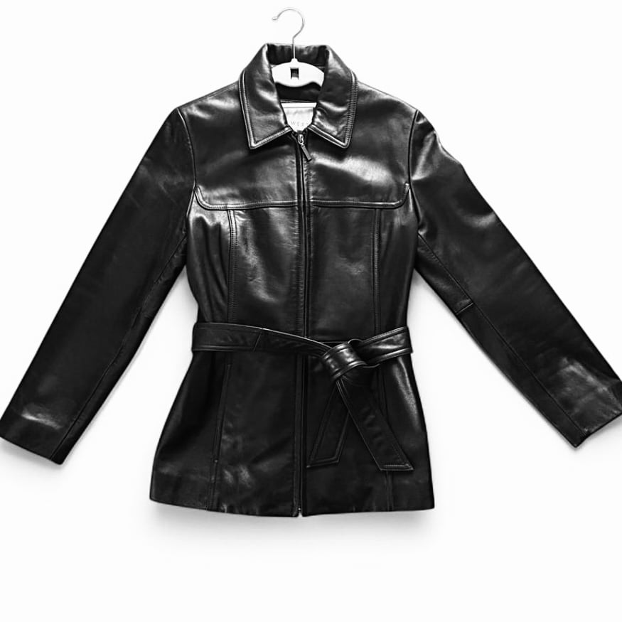 Women's Classic Black Leather Coat, Zip Front & Tie Waist, Nine West, EUC Preppy