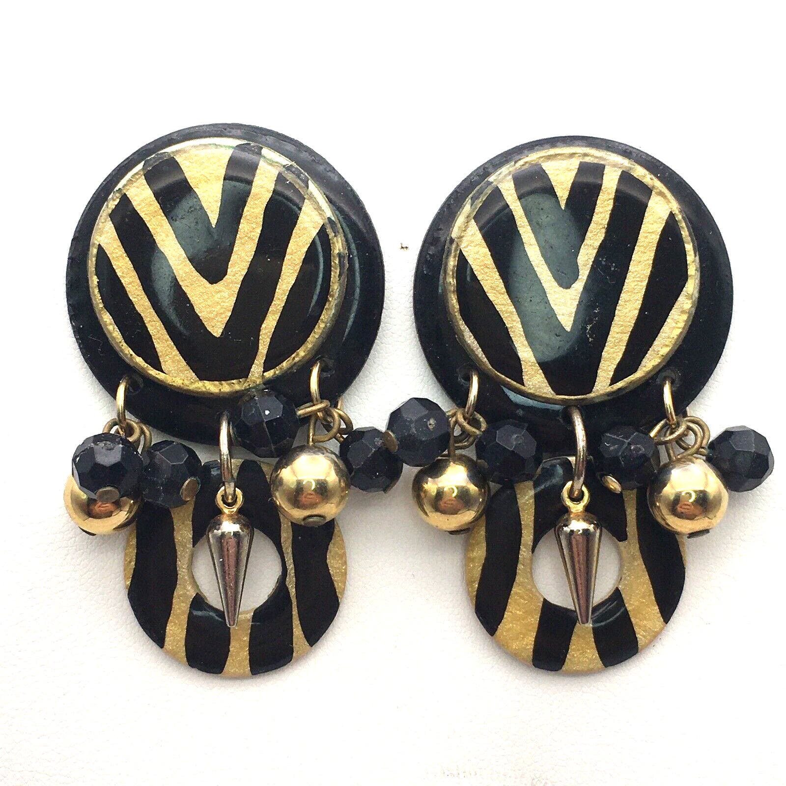 MAM Vintage Clip On Earrings Black Zebra Tiger Stripe Gold Metallic Signed