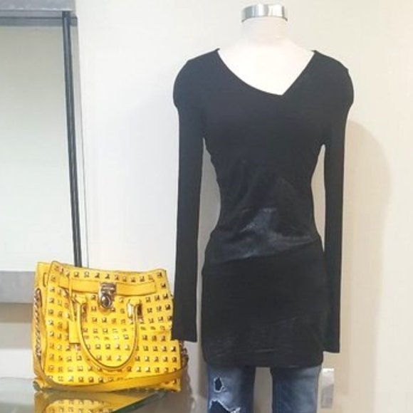 Edgy & Chic Black Suede Insert Long Top