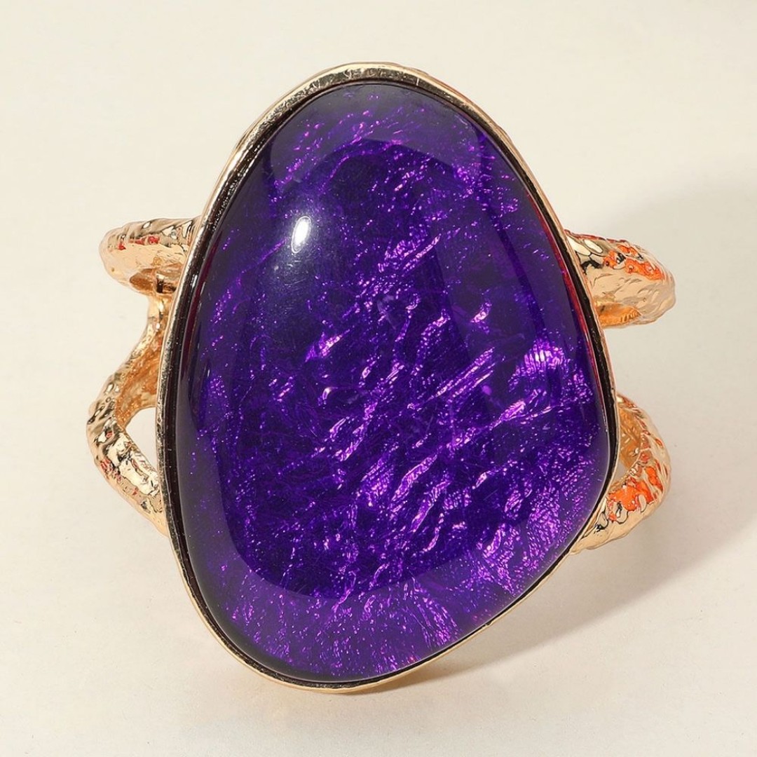 Purple Stone Hinged Gold Chunky Bracelet Cuff Metal Bangle Thick Bold Statement
