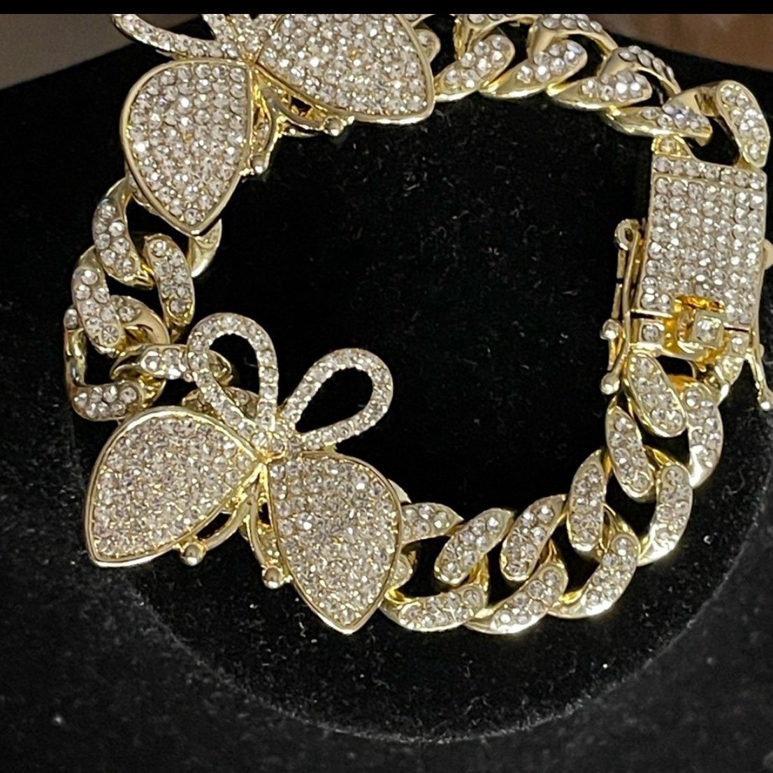 FASHION JEWELRY STAINLESS STEEL BUTTERFLY BRACELET RHINESTONE GOLD CUBAN CHAIN