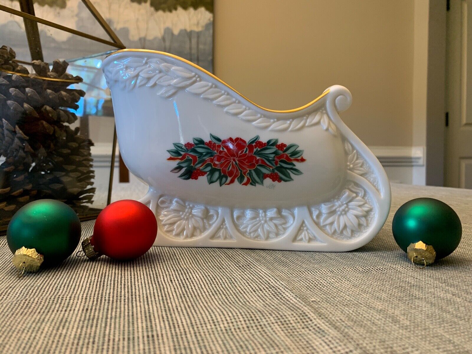 New In Box Vintage Princess House Porcelain Sleigh With Poinsettia & Gold Trim