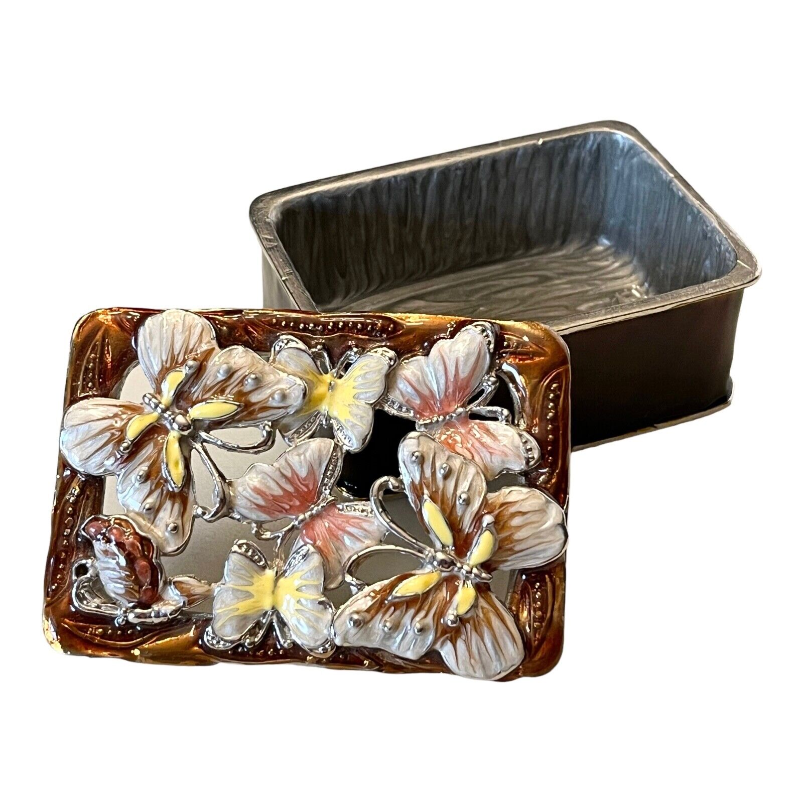 VTG Metal TRINKET BOX Enameled Butterfly Keepsake Open Metalwork Lid 3 Treasure