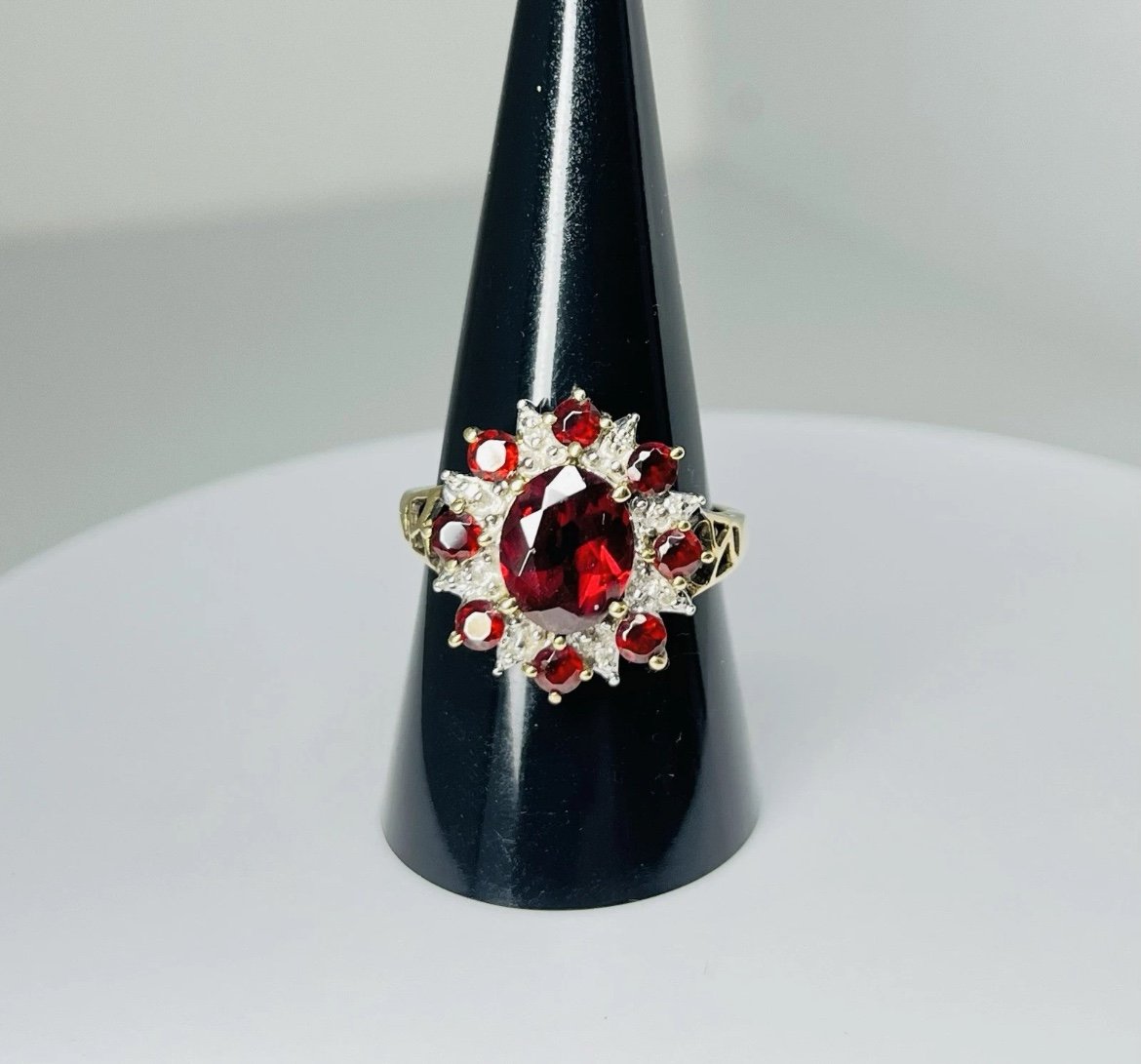 German Vintage 8k Yellow Gold Garnet and Diamond Floral Cluster Ring Size 9,