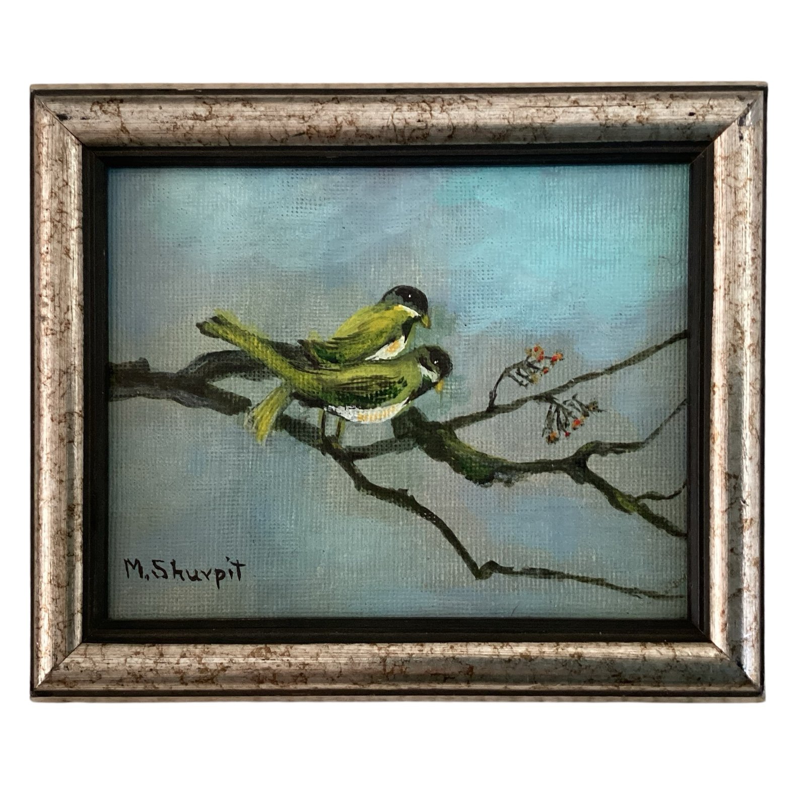Vintage Small Acrylic Painting Birds on Tree Branch Signed Shurpit