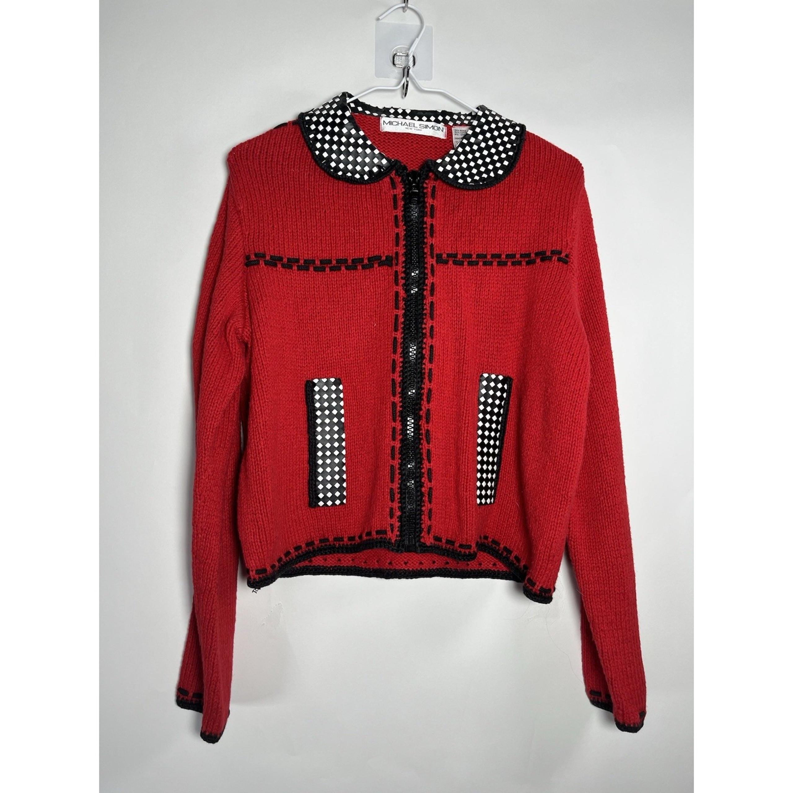 Michael Simon VTG sweater Cardigan Red Checker Trim Retro Granny Core Sz M READ