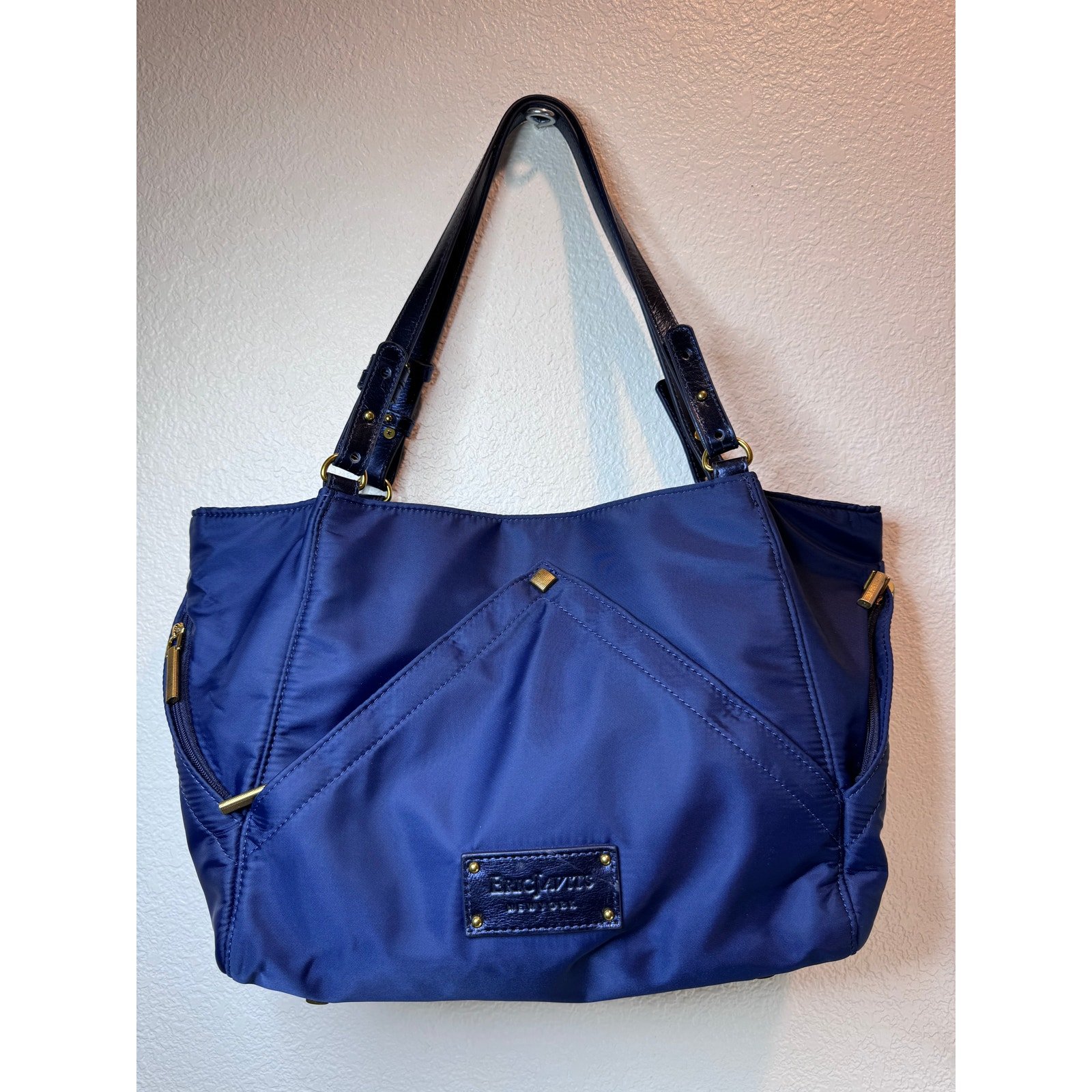 Eric Javits Blue Nylon Tote Bag Gold Hardware Shoulder Purse Travel Work