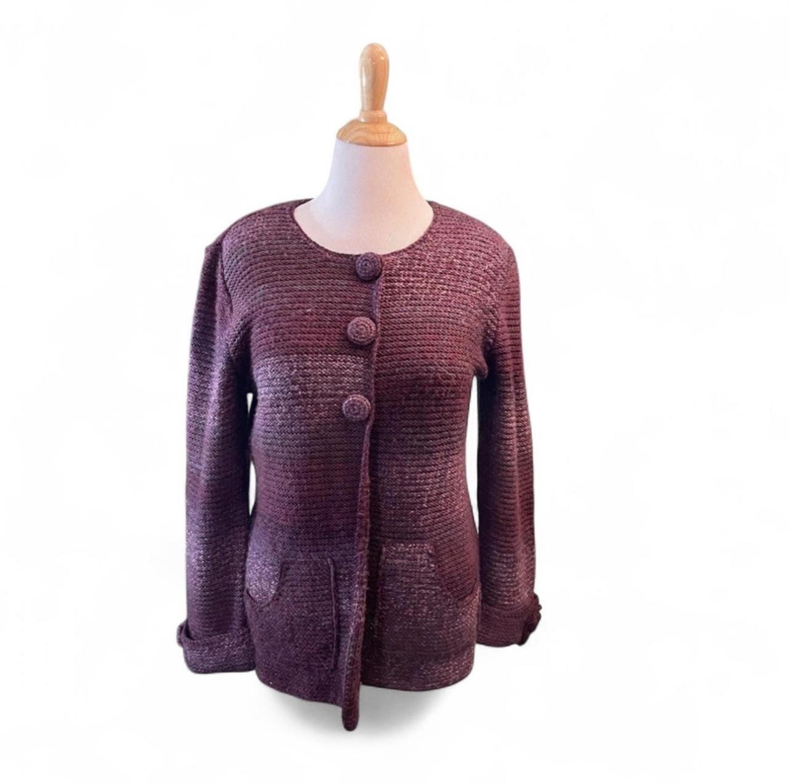 Laura Ashley Women's Large Wool Blend Chunky Knit Cardigan Sweater Purple