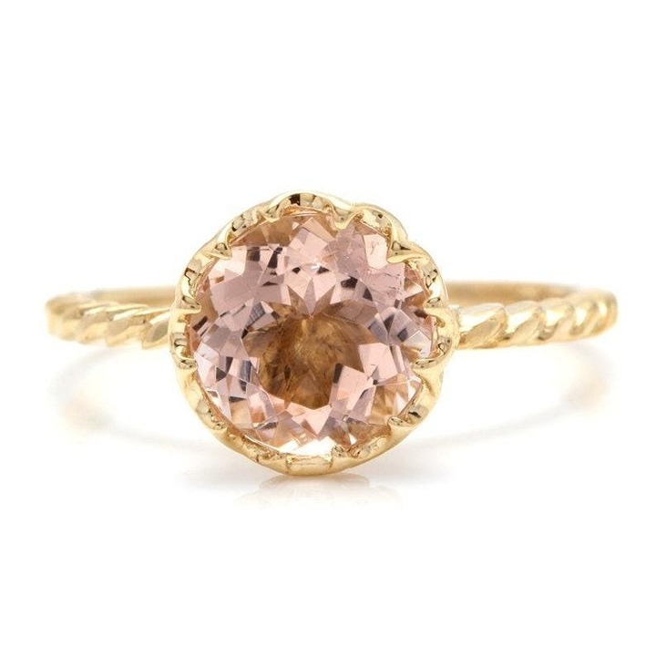 14k Yellow Go 1.60Ct Natural Round Pink Morganite & Diamond Bezel Solitaire Ring