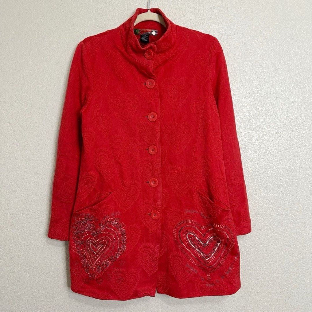 Desigual Red Heart Embroidered Jacquard Long Sleeves Peacoat, Sz Medium